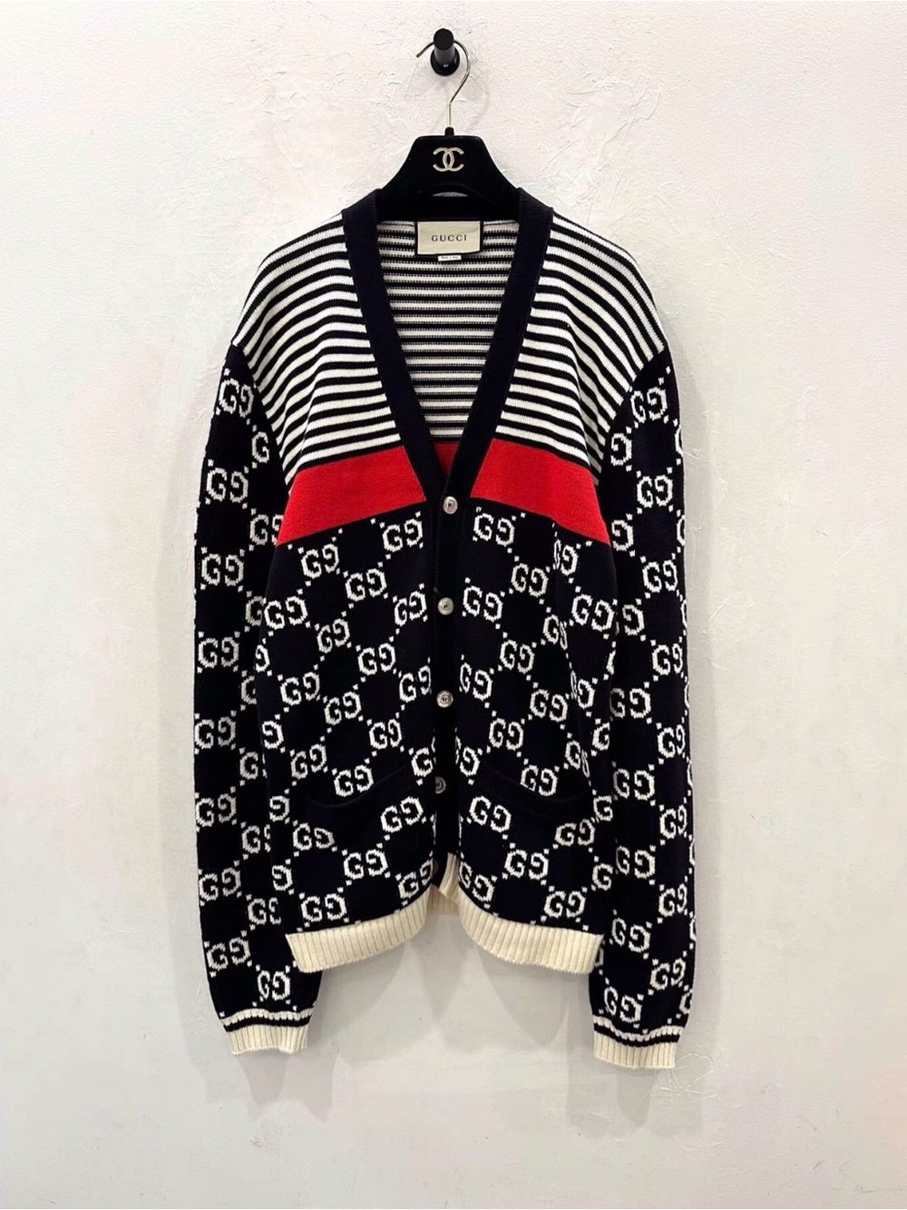 Gucci Black, White & Red GG Logo Striped Cardigan